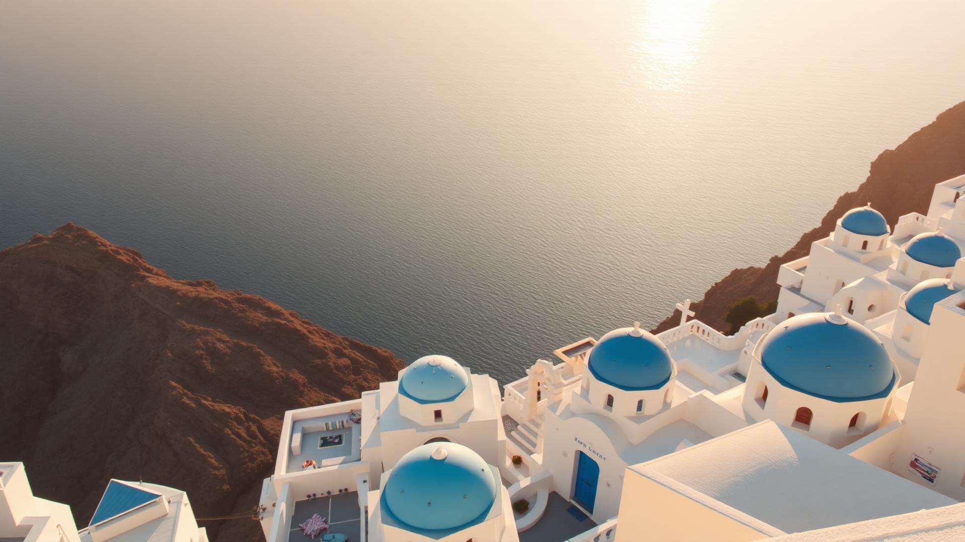 Whitewashed Santorini village with blue domes above the Aegean caldera at sunset